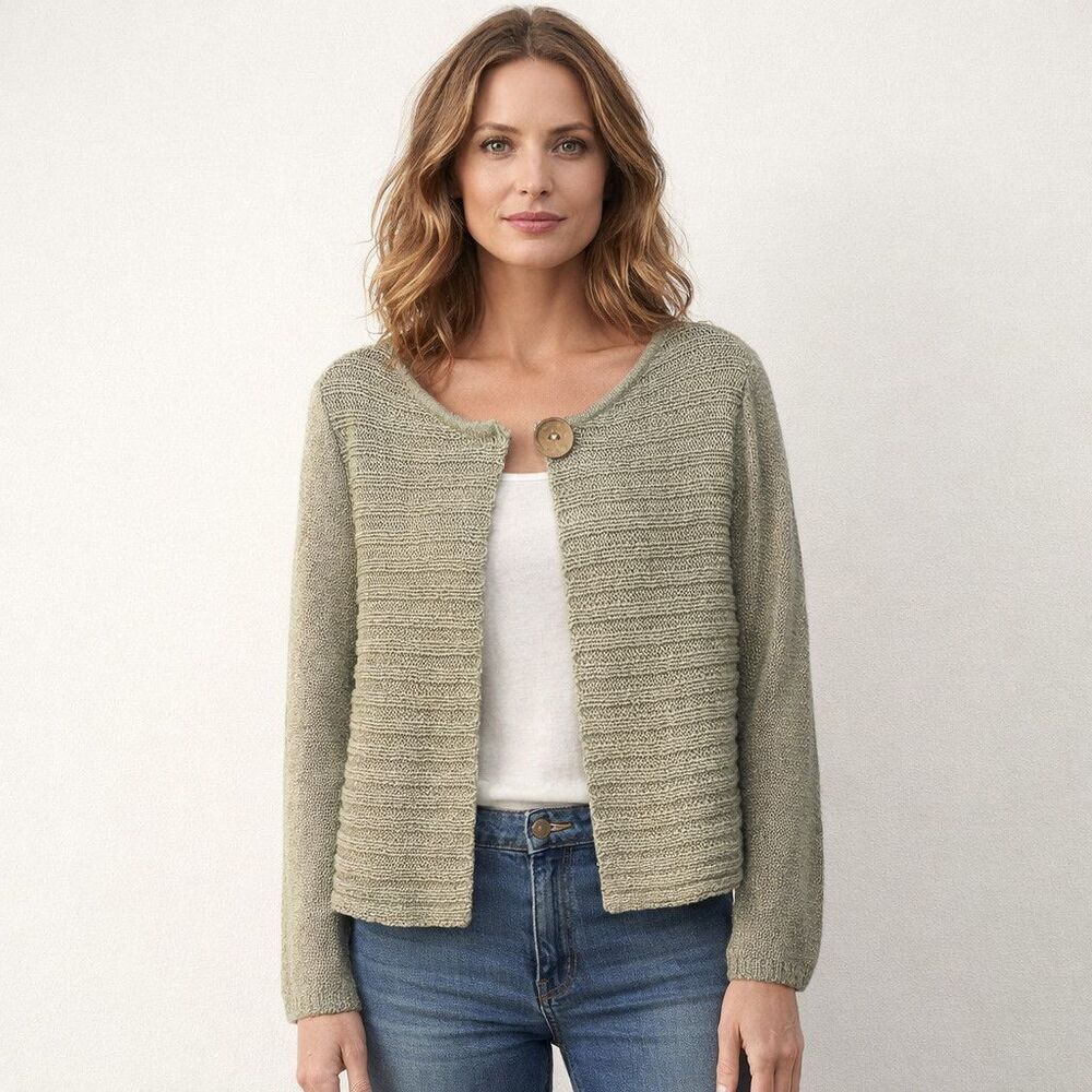 Chicos Cardigan Sweater Womens 3 Green One Button Open Front Textured Knit